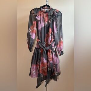 Unsubscribed LS Ruffle Mini Dress Grey Shadow Silk Floral Sheer NWT Size 6